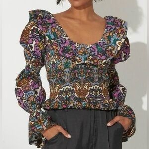 Cleobella Cotton Multicolor Patterned Smocked Ruffle Blouse - Size S